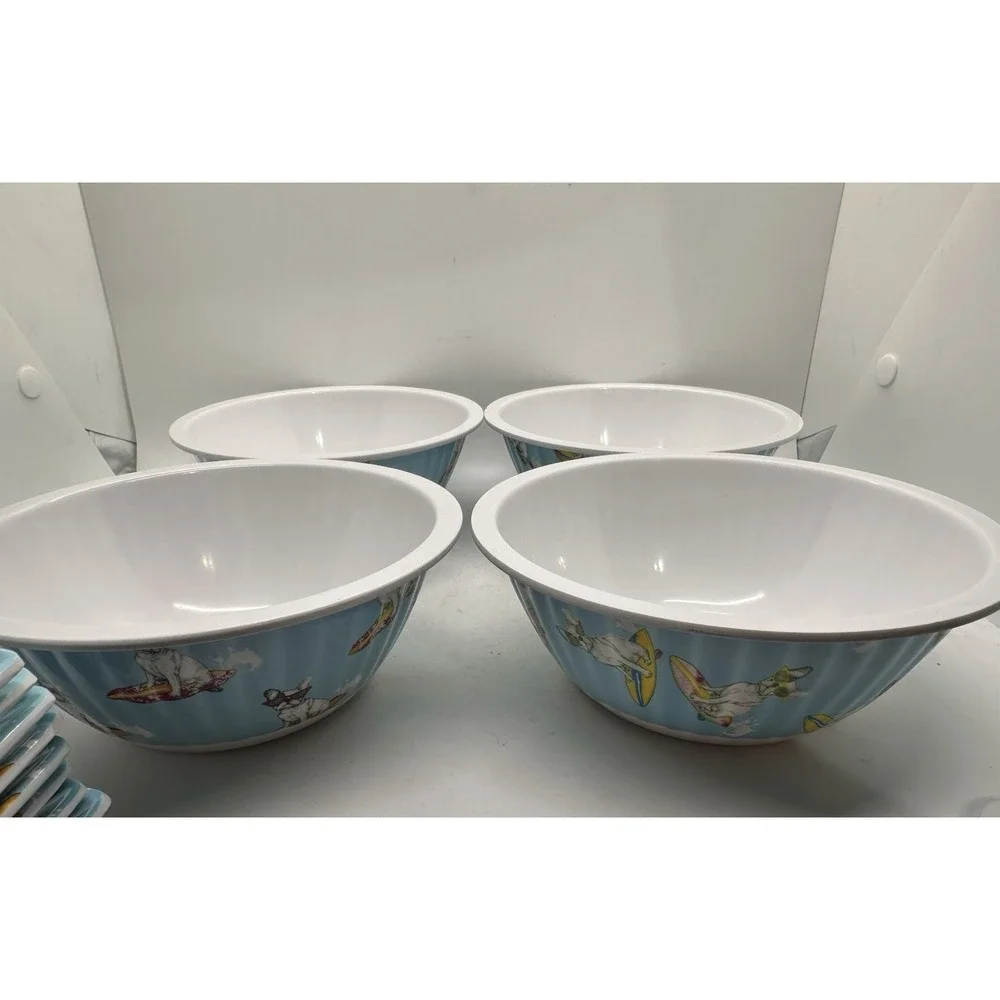 Alex & Zoë French Bulldog Surfing Melamine Dinnerware 17 Pc Plates Bowls Set